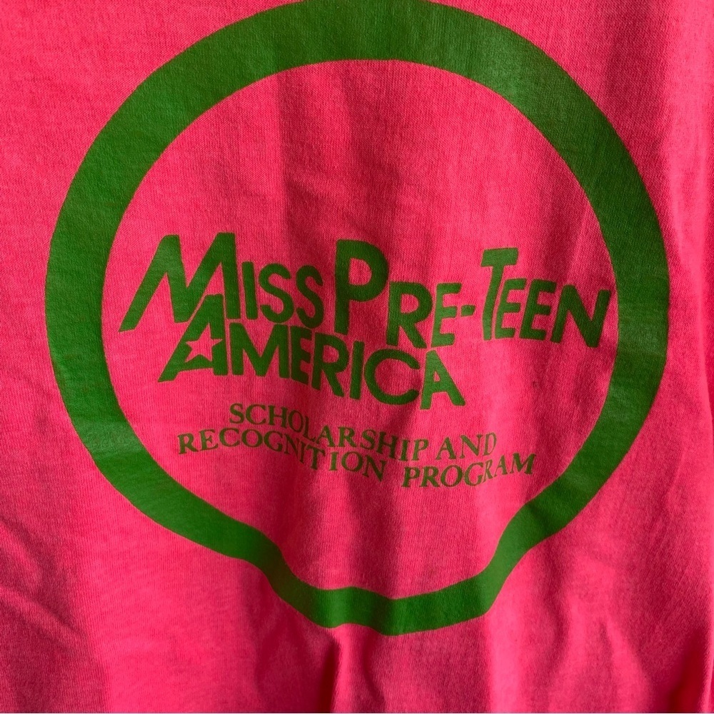 Vintage Miss Pre Teen America Tee Shirt 90s Pageant Neon Pink Green Screen Stars